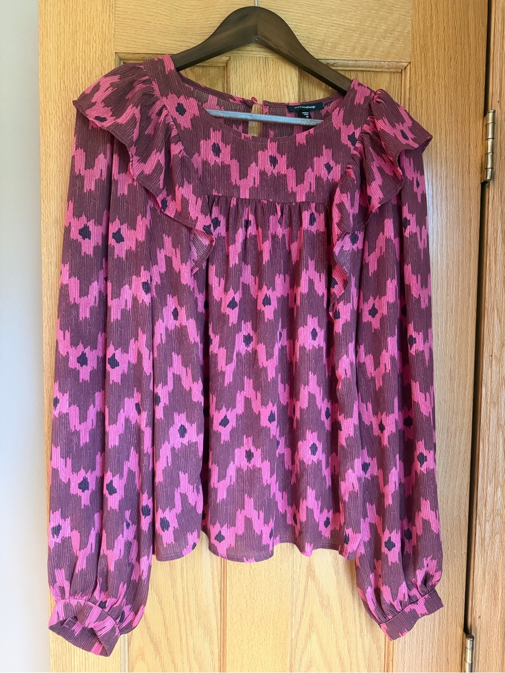 Ruffle Front Ikat Chevron Blouse Pink Purple Mittoshop Women’s Size M